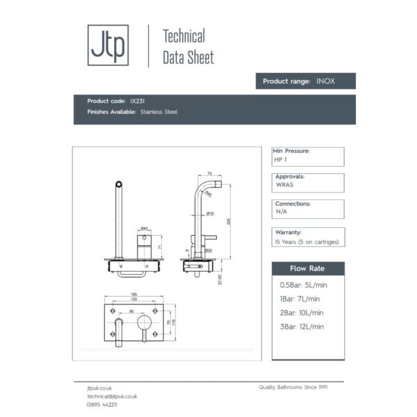 JTP Inox 2 Hole Wall Mounted Basin Mixer Tap & Backplate 225mm Spout Reach Stainless Steel - Image 2
