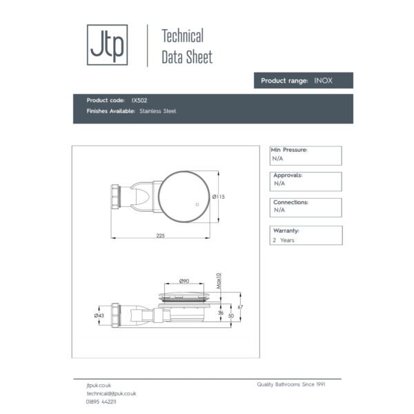 JTP Inox Slim Shower Waste 115mm Wide Stainless Steel - Image 2