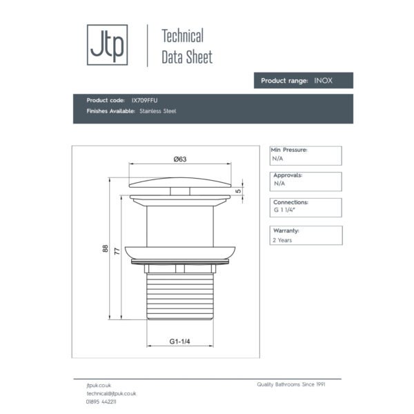 JTP Inox Unslotted Freeflow Basin Waste Stainless Steel - Image 2
