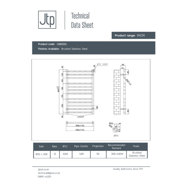 JTP Inox Straight Heated Towel Rail - Stainless Steel - Various Size - Image 3