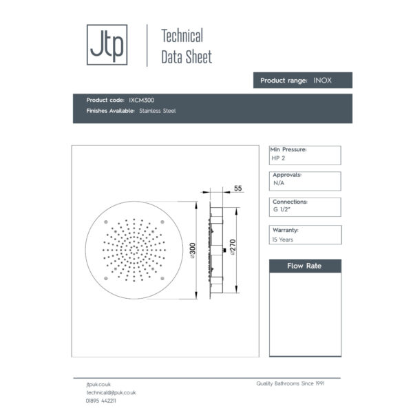 JTP Inox Round Fixed Shower Head 300mm Diameter Stainless Steel - Image 2