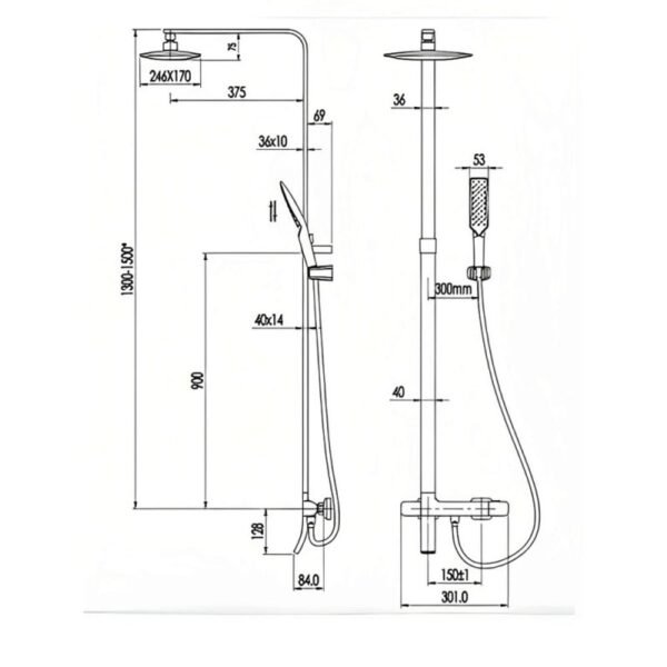 JTP Square Thermostatic Shower Pole & Overhead Shower And Hand Shower,Bath Spout Chrome - Image 2