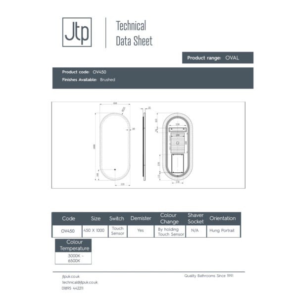 JTP Oval Illuminated Led Mirror 1000mm X 450mm Chrome - Image 2