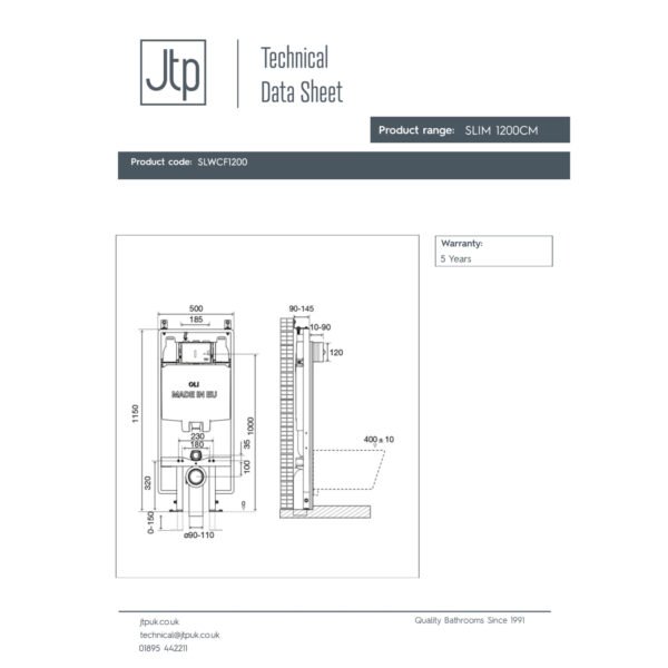 JTP Slim Wall Mounted Wc Frame And Dual Flush Cistern 1200mm X 500mm - Image 2