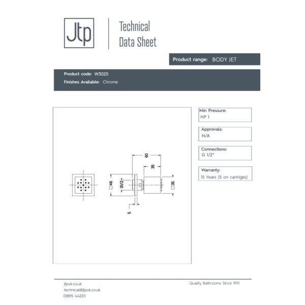 JTP Square Body Jet For Mixer Shower Single Chrome - Image 2