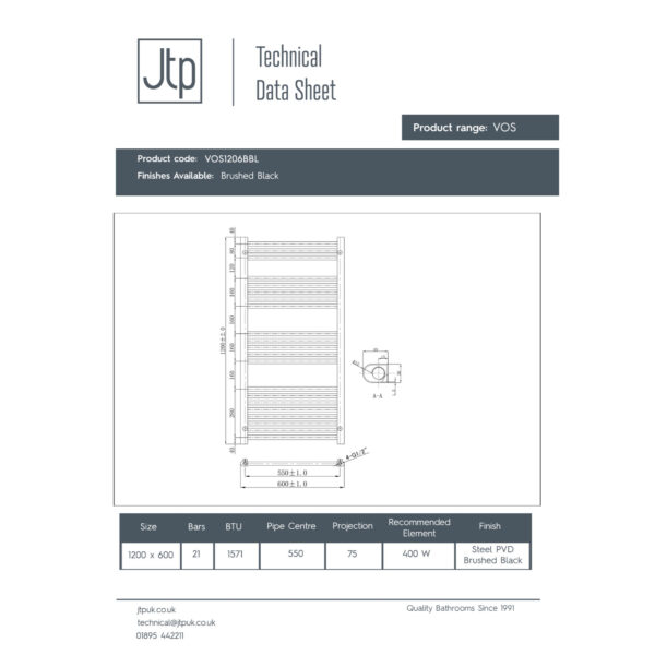 JTP Vos Straight Heated Towel Rail - Brushed Black - Various Size - Image 5