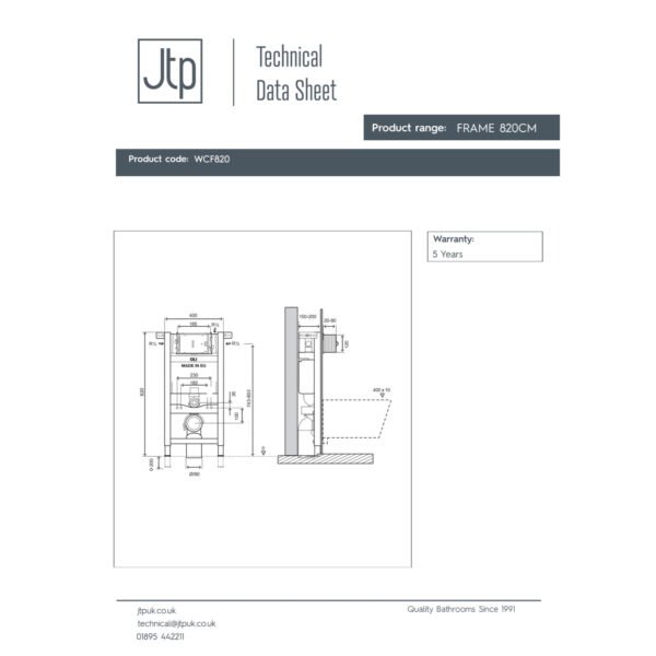 JTP Pre-Wall Freestanding Wc Frame & Brackets And Bend 820mm X 400mm - Image 2