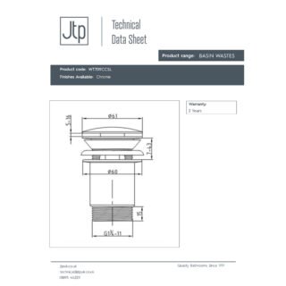 JTP Click Clack Slotted Basin Waste & White Plug Chrome - Image 2