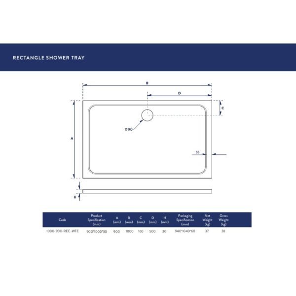 Scudo Eco-Stone Rectangular Shower Tray - White - Image 5