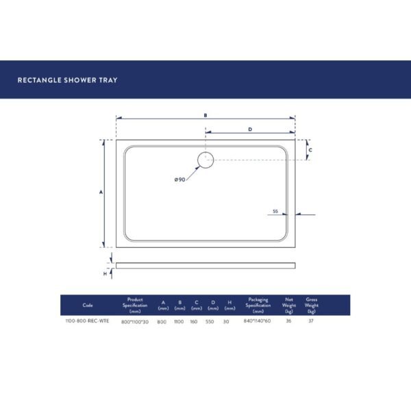 Scudo Eco-Stone Rectangular Shower Tray - White - Image 6