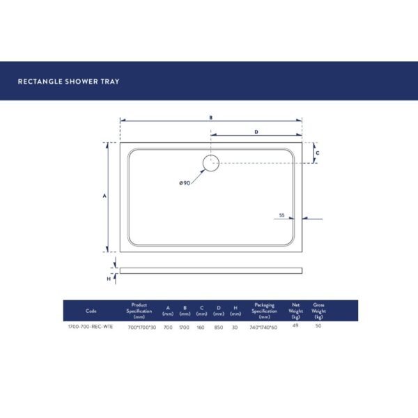 Scudo Eco-Stone Rectangular Shower Tray - White - Image 21