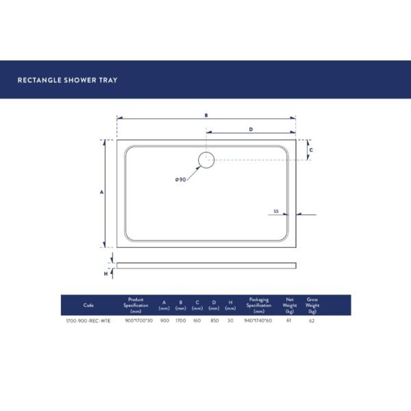 Scudo Eco-Stone Rectangular Shower Tray - White - Image 24