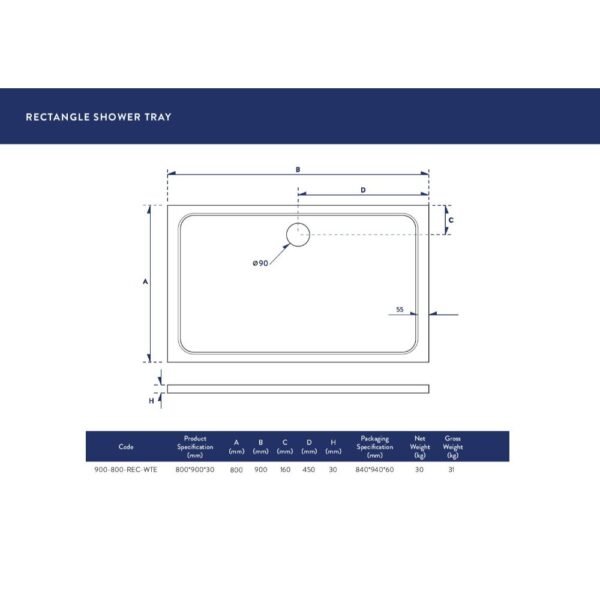 Scudo Eco-Stone Rectangular Shower Tray - White - Image 3