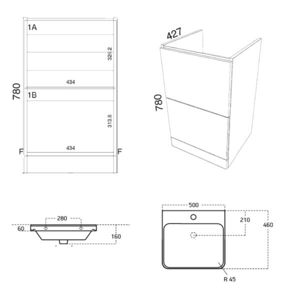 Kartell Arc 2 Drawer Floor Standing Vanity Unit With Basin - 470mm Wide - 1 TH - Image 2