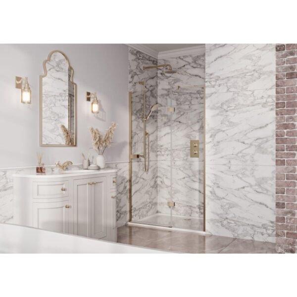 Scudo Athena Recessed Frameless Hinged Shower Door With In Line Panel - 6mm - Brushed Brass