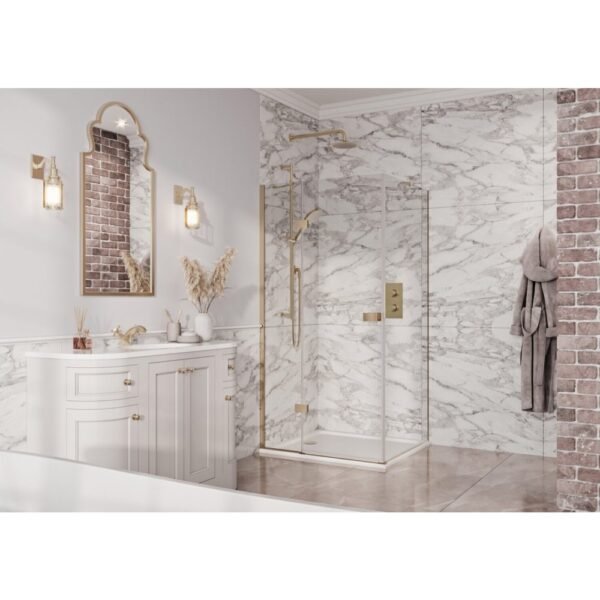 Scudo Athena Frameless Hinged Shower Door With In Line And Side Panel - 6mm - Brushed Brass