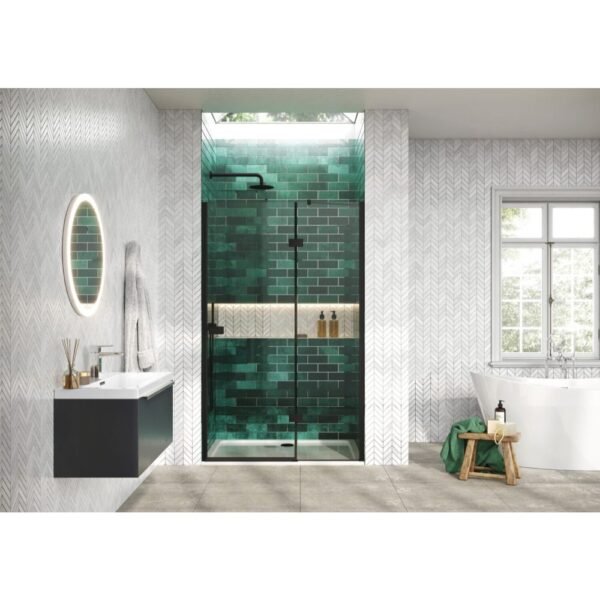 Scudo Athena Recessed Frameless Hinged Shower Door With In Line Panel - 6mm - Matt Black