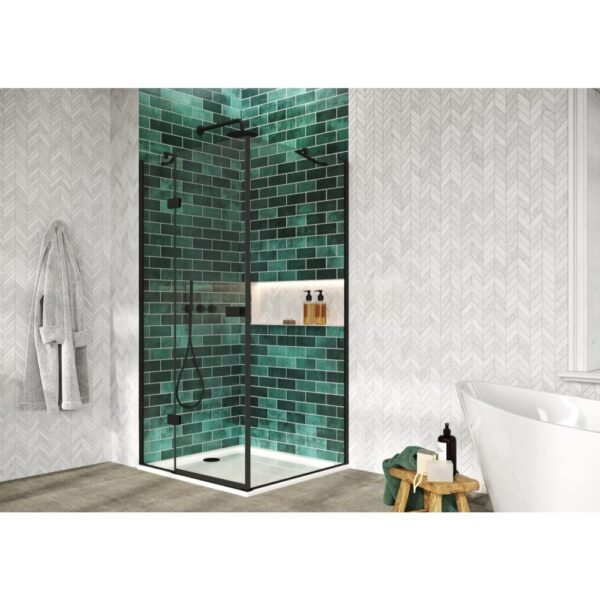 Scudo Athena Frameless Hinged Shower Door With In Line And Side Panel - 6mm - Matt Black