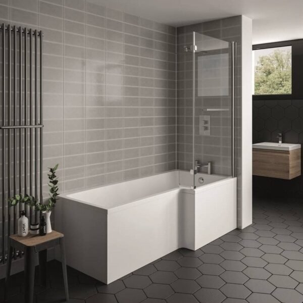 Kartell Elite L Shaped Shower Bath With Legs - No TH - Gloss White