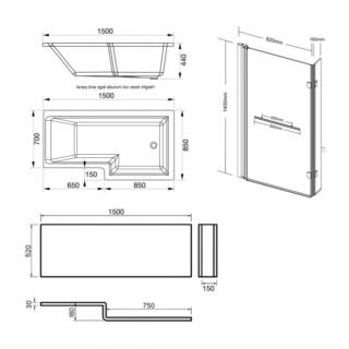 Kartell Elite L Shaped Shower Bath With Legs - No TH - Gloss White - Image 3
