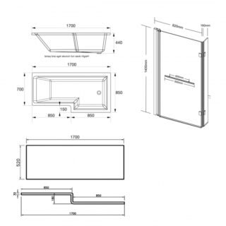 Kartell Elite L Shaped Shower Bath With Legs - No TH - Gloss White - Image 7