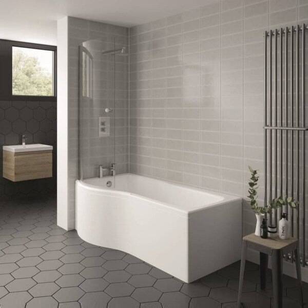Kartell Oblique P Shaped Shower Bath With Legs - 1700mm x 850mm - No TH - Gloss White