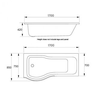 Kartell Oblique P Shaped Shower Bath With Legs - 1700mm x 850mm - No TH - Gloss White - Image 2