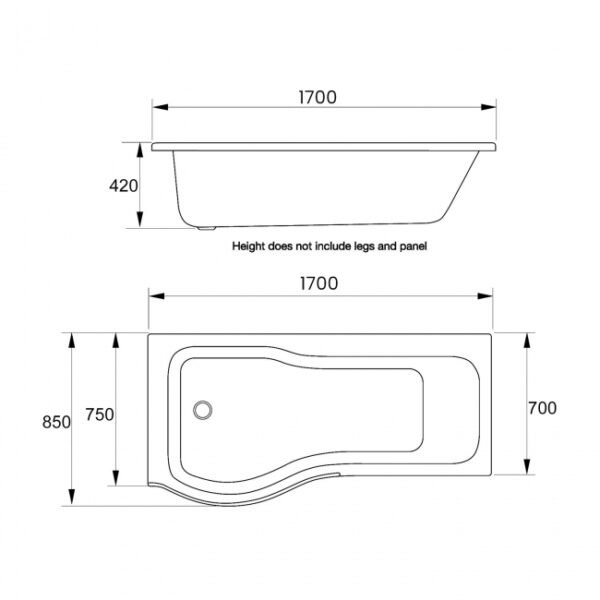 Kartell Oblique P Shaped Shower Bath With Legs - 1700mm x 850mm - No TH - Gloss White - Image 2