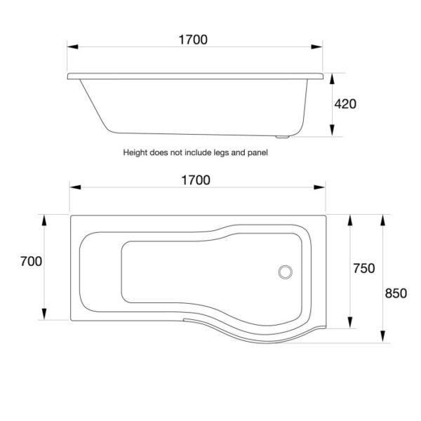 Kartell Oblique P Shaped Shower Bath With Legs - 1700mm x 850mm - No TH - Gloss White - Image 3