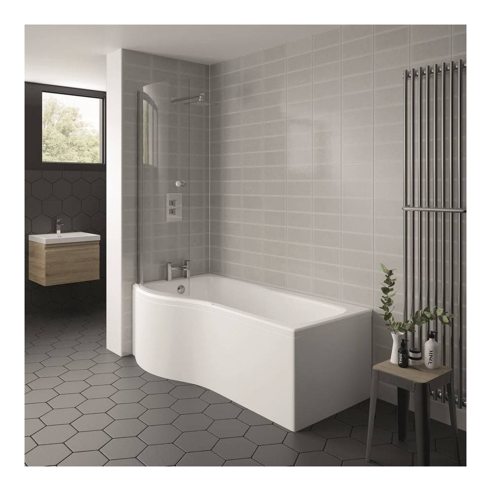 Kartell Oblique P Shaped Shower Bath Front Panel - 1700mm Long - Gloss White