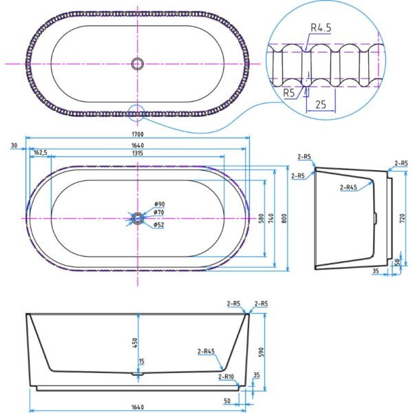 Scudo Labyrinth Fluted Double Ended Freestanding Bath - 1700mm x 800mm - White - Image 2