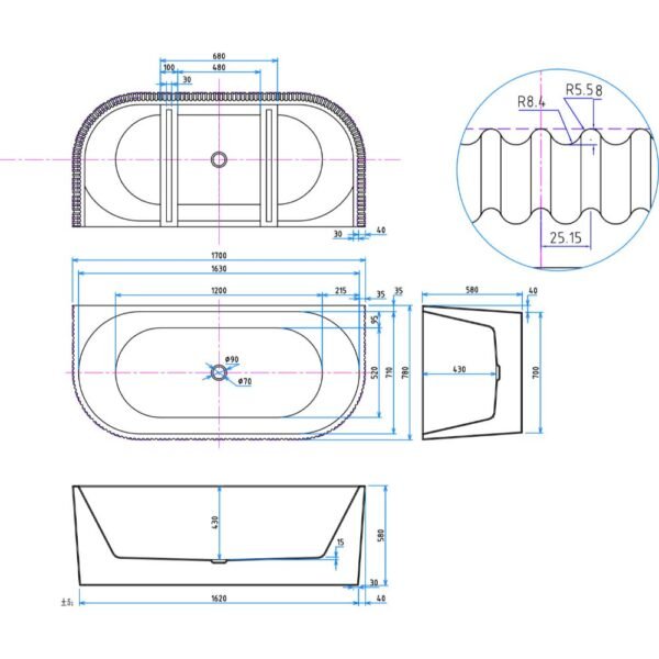 Scudo Labyrinth Fluted Double Ended Back To Wall Bath - 1700mm x 780mm - White - Image 2