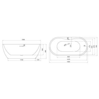 Scudo Onyx Double Ended Freestanding Bath - 1555mm x 750mm - White - Image 2