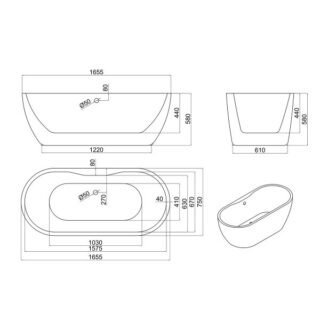 Scudo Onyx Double Ended Freestanding Bath - 1655mm x 750mm - White - Image 2