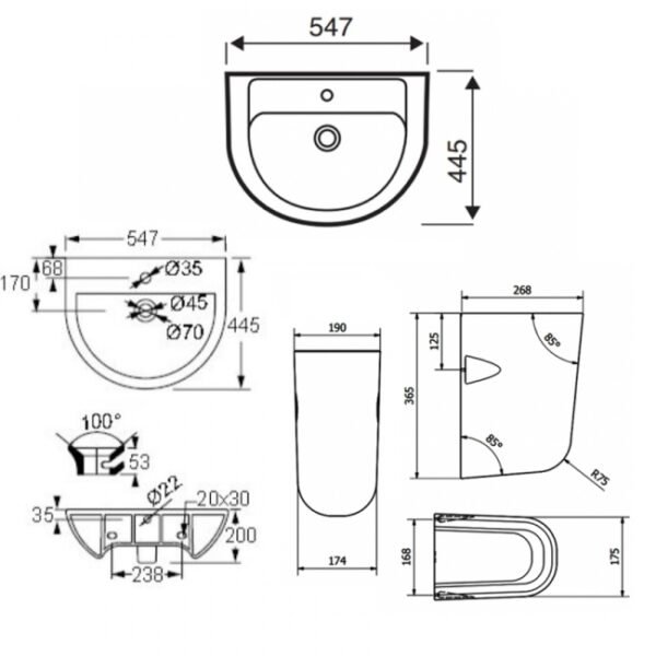 Kartell Bijoux Basin With Semi Pedestal - 550mm Wide - 1 TH - White - Image 2