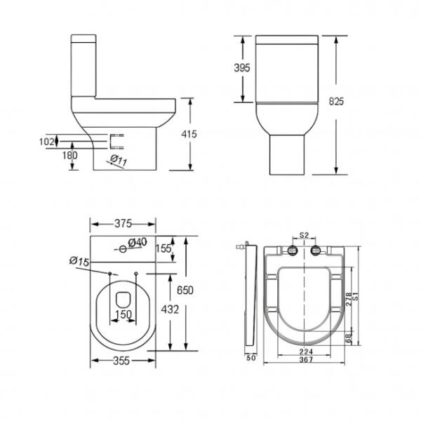 Kartell Bijoux Rimless Close To Wall Close Coupled Toilet with Push Button Cistern And Soft Close Seat - White - Image 2