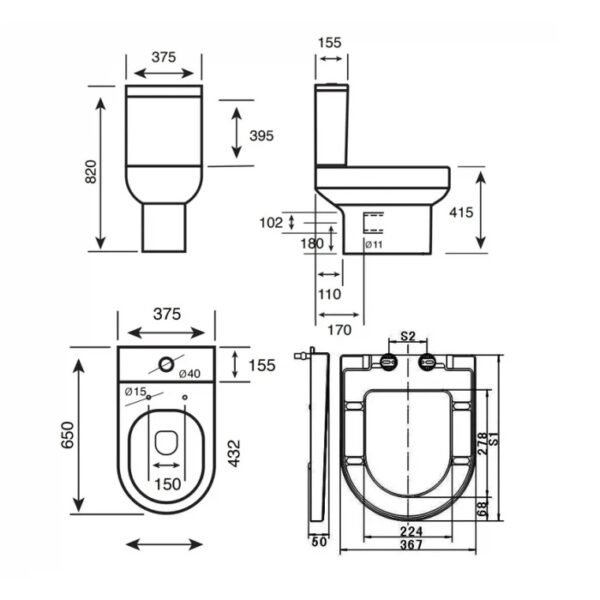 Kartell Bijoux Rimless Close Coupled Toilet with Push Button Cistern And Soft Close Seat - White - Image 2