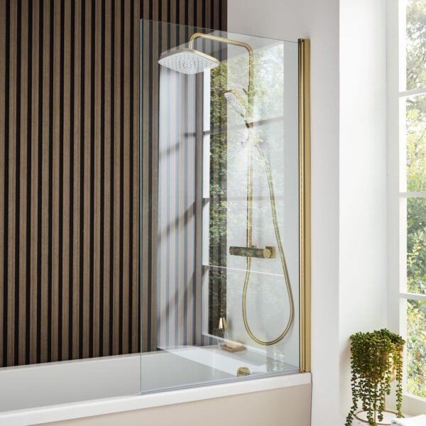 Kartell Square Edge Shower Bath Screen - 6mm Glass - 1400mm x 780mm - Brushed Brass