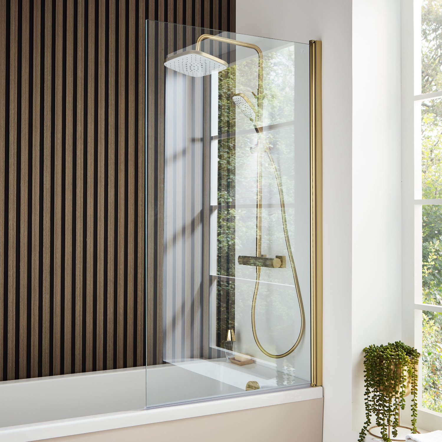 Kartell Square Edge Shower Bath Screen - 6mm Glass - 1400mm x 780mm - Brushed Brass