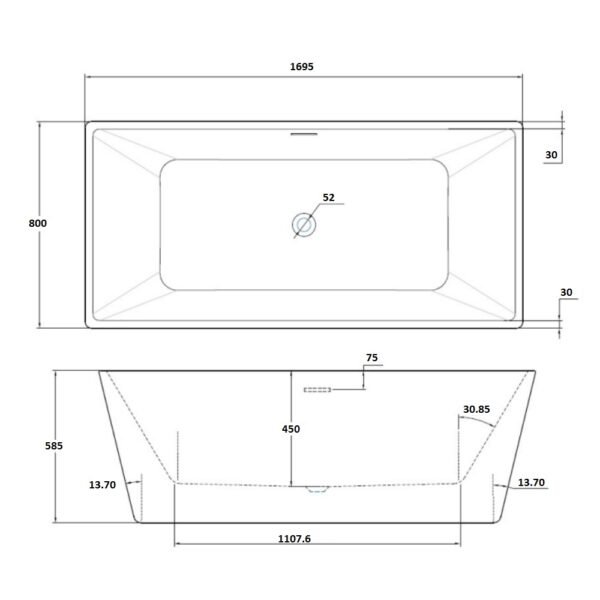 Kartell Kruze Rectangular Freestanding Bath - 1700mm x 800mm - No TH - Gloss White - Image 3