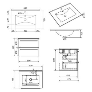 Kartell Purity 2 Drawer Wall Hung Vanity Unit With Slim Basin - 600mm Wide - 1 TH - Image 3