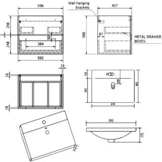 Kartell Purity 2 Drawer Wall Hung Vanity Unit With Mid Basin - 600mm Wide - 1 TH - Image 2