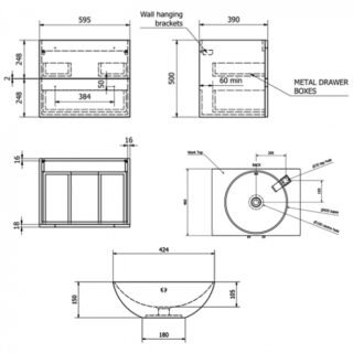 Kartell Purity 2 Drawer Wall Hung Vanity Unit With Sit On Basin And Worktop - 600mm Wide - No TH - Image 2