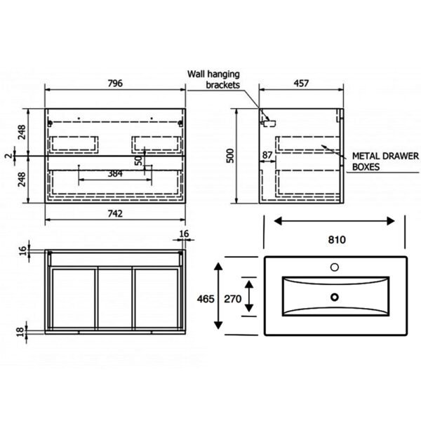 Kartell Purity 2 Drawer Wall Hung Vanity Unit With Slim Basin - 800mm Wide - 1 TH - Image 4