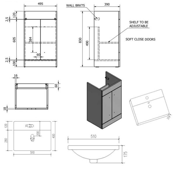 Kartell Purity 2 Door Floor Standing Vanity Unit With Mid Depth Basin - 495mm Wide - 1 TH - Image 2