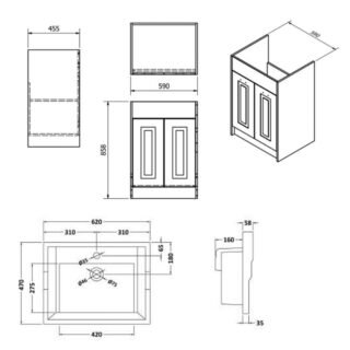 Kartell Astley 2 Door Floor Standing Vanity Unit With Basin - 590mm Wide - 1 TH - Image 2