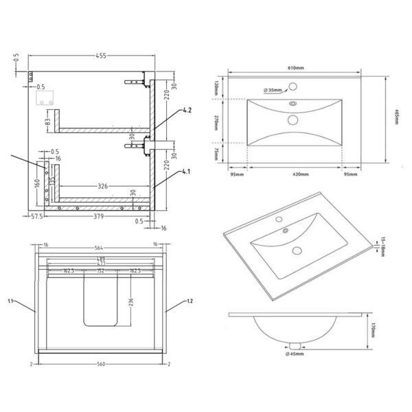 Kartell City 2 Drawer Wall Hung Vanity Unit With Basin - 590mm Wide - 1 TH - Image 3