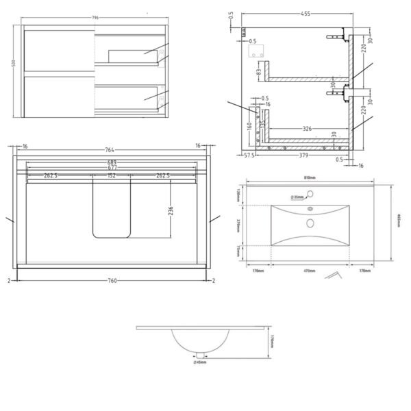 Kartell City 2 Drawer Wall Hung Vanity Unit With Basin - 790mm Wide - 1 TH - Image 2