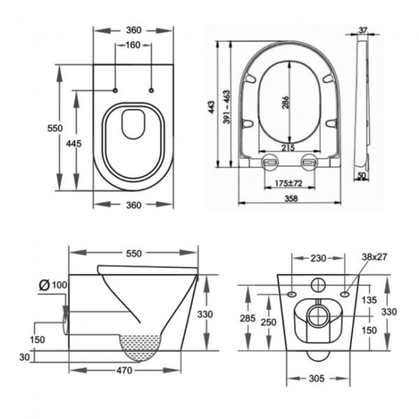 Kartell Genoa Round Rimless Wall Hung Toilet With Soft Close Seat - White - Image 2