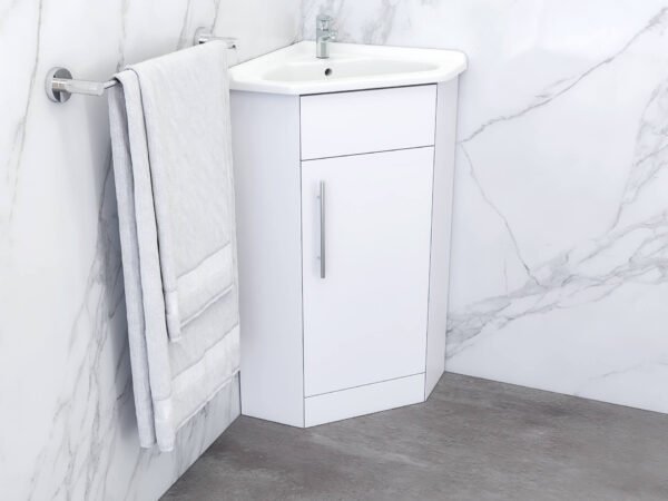 Kartell Impakt 1 Door Floor Standing Corner Vanity Unit With Basin - 552mm Wide - Gloss White - Image 2